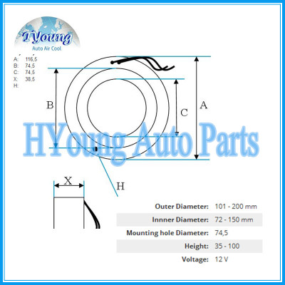 For YORK 12 V Auto ac Compressor clutch coil, size 116,5(OD)*74,5(ID)*74,5(MHD)*38,5(H) MM