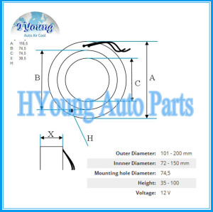 For YORK 12 V Auto ac Compressor clutch coil, size 116,5(OD)*74,5(ID)*74,5(MHD)*38,5(H) MM