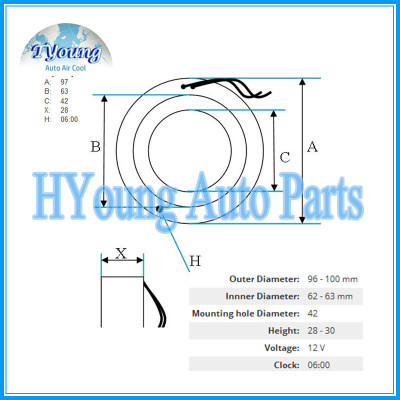 Auto a/c compressor clutch coil for Renault 12V size 97(OD)*63(ID)*42(MHD)*28(H) MM