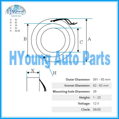 SP10 AC Compressor Clutch Coil for Hyundai 12V size 92(OD)*62(ID)*39(MHD)*25(H) MM