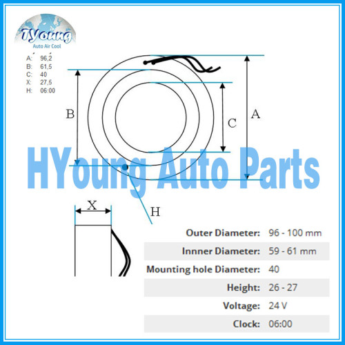 10PA15 10PA17 10PA20 24V Auto ac Compressor clutch coil size 96.2 (OD)*61.5(ID)*40(MHD)*27.5(H) MM