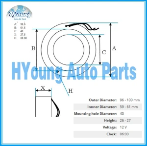 DENSO 7SB/7SBU 12 V auto a/c compressor coil for VW size 96.6(OD)* 61.5(ID)*40(MHD)* 27(H) MM