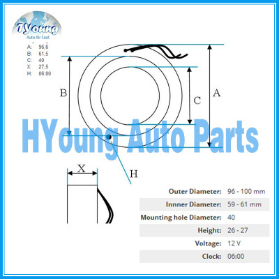 DENSO 7SB/7SBU 12 V auto a/c compressor coil for VW size 96.6(OD)* 61.5(ID)*40(MHD)* 27(H) MM