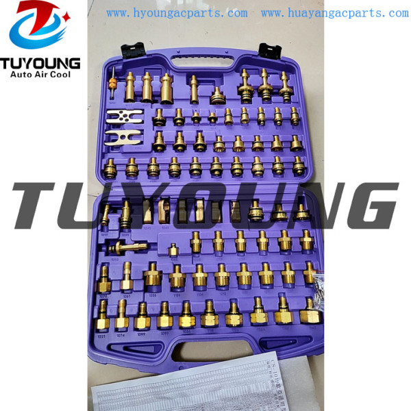 Auto a/c system Leak Detection tools, a multi-element set of adapters for checking, diagnosing leaks rinsing car air conditioning systems, Connections for European and Japanese cars