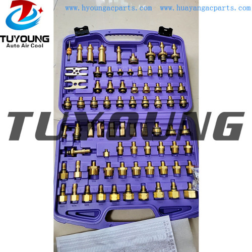 Auto a/c system Leak Detection tools, a multi-element set of adapters for checking, diagnosing leaks rinsing car air conditioning systems, Connections for European and Japanese cars