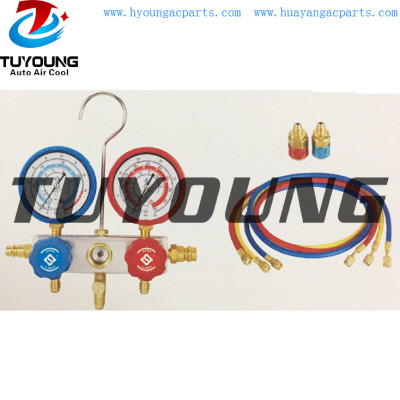 China manufacture Auto ac service tool box, R134A manifold gauge set with recycling aluminum valve