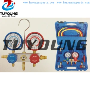 China manufacture Auto ac service tool box with manifold gauge set with recycling aluminum valve