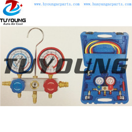 China manufacture Auto ac service tool box with manifold gauge set with recycling aluminum valve