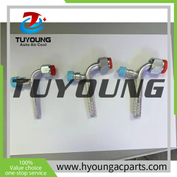 #6 #8 #10 Aluminum 90 Degree O-Ring Barb Fitting with R134a Service Port with caps, auto A/C refrigerant hose fitting