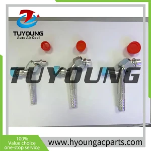 #6 #8 #10 Aluminum 90 Degree O-Ring Barb Fitting with R134a Service Port with caps, auto A/C refrigerant hose fitting