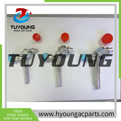 #6 #8 #10 Aluminum 90 Degree O-Ring Barb Fitting with R134a Service Port with caps, auto A/C refrigerant hose fitting