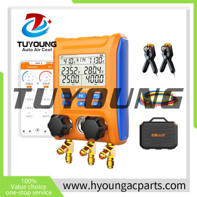 LMG-10W Wireless Digital Manifold Gauge Set Data Logging Refrigerant HVAC Gauges with Hoses, Thermometer Clamps LMG-10