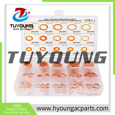150PCS 15-SIZE SOLID COPPER SUMP PLUG CRUSH WASHER ASSORTED ENGINE SEAL FLAT RING TAP PLUMBING WITH CASE air conditioner bonding oil seal gasket gasket sealing gasket set