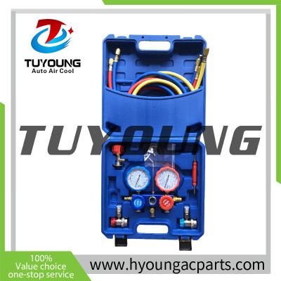 China manufacture Auto ac service tool box with manifold gauge set with recycling aluminum valve;R134 R22 R410 R600 ac Refrigerant Charging Gauge Set Manifold Pressure for HVAC System