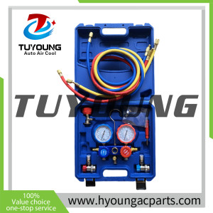 China manufacture Auto ac service tool box with manifold gauge set with recycling aluminum valve;R134 R22 R410 R600 ac Refrigerant Charging Gauge Set Manifold Pressure for HVAC System