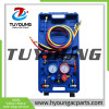 China manufacture Auto ac service tool box with manifold gauge set with recycling aluminum valve;R134 R22 R410 R600 ac Refrigerant Charging Gauge Set Manifold Pressure for HVAC System