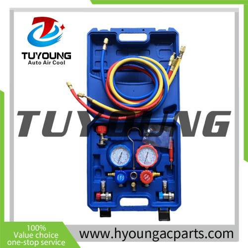 China manufacture Auto ac service tool box with manifold gauge set with recycling aluminum valve;R134 R22 R410 R600 ac Refrigerant Charging Gauge Set Manifold Pressure for HVAC System
