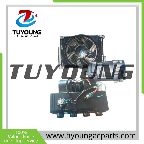Universal automotive air conditioning kit for trucks, RVs, or construction machinery. 12v 24v; 32A / 50A; RHD / LHD; max cooling capacity 1900w