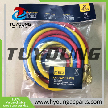 Car A/C Air Conditioning Refrigerant hose 72 inch long with 45 degree Quick Seal fittings. 740 psi working pressure, 183cm