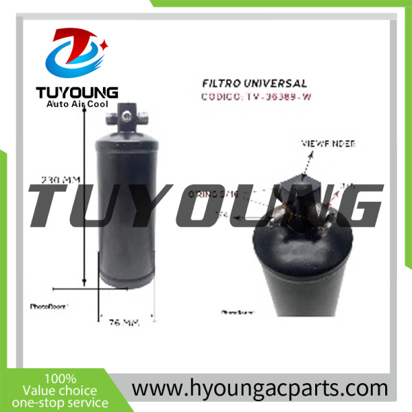 Auto ac Receiver Driers;  UNIVERSAL FILTER IN 3/8 OUT 3/8 - O-RING 5/16; size 230*76mm (with valve for female pressure switch)