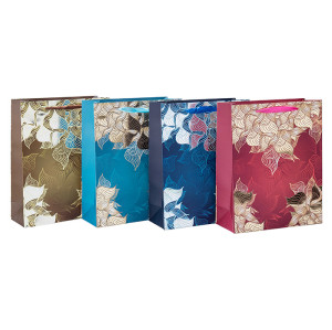 タイルパッキングで4つのデザインassortsと箔押しの花のデザインの紙ギフトバッグ