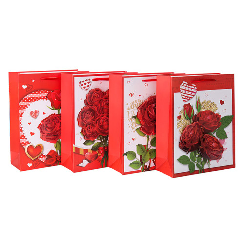 Be mine rose bolsas de regalo de papel de día de san valentín con 4 diseños surtidos en Tongle Packing