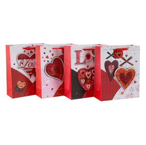 Corazón tocando feliz día de San Valentín 3D y bolsas de regalo brillo con 4 diseños surtidos en Tongle Packing