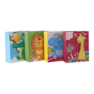 Симпатичные животные 3D и блестящие детские подарочные бумажные пакеты с 4 дизайнами, сортированными в Tongle Packing