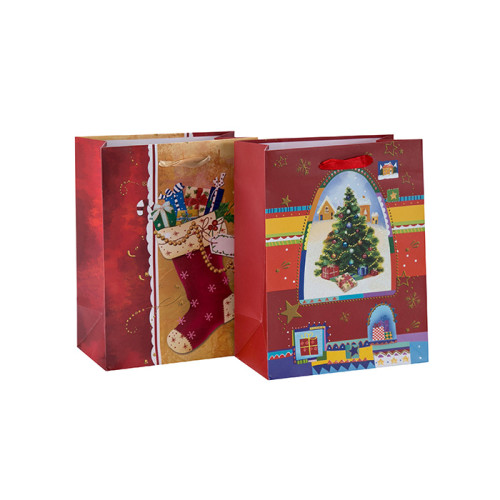 Bolso de papel Bolso de regalo de impresión personalizado Bolso de papel de Navidad de precio de fábrica con 2 diseños surtidos en embalaje de palanca