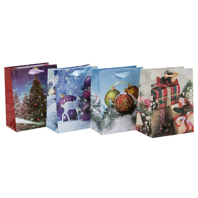 Sac d'emballage de papier de Noël saisonnier de la meilleure qualité imprimée par coutume avec 4 conceptions assorties dans l'emballage de Tongle