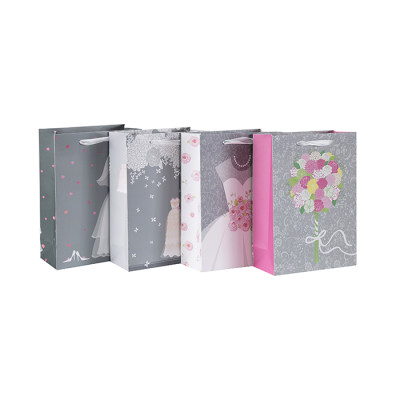 Vente chaude simple conception blanc carton fantaisie papier cadeau sac de mariage avec 4 dessins assortis en Tongle emballage