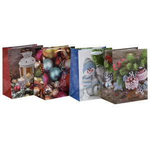 Bonita bolsa de papel de regalo de decoración impresa de Navidad con 4 diseños surtidos en embalaje de llave