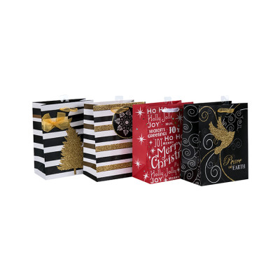 La venta caliente de la Navidad del diseño de lujo recicla las bolsas de papel del regalo al por mayor con 4 diseños clasificados en embalaje de la llave