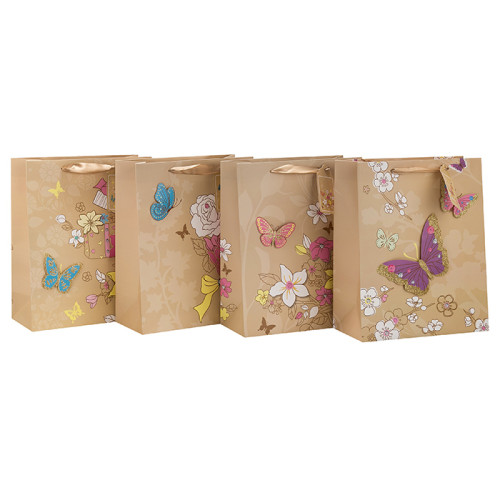 高品質の装飾フラワーパターンブラウンクラフトギフト紙袋は、4つのデザインとTongleパッキングで盛り合わせ