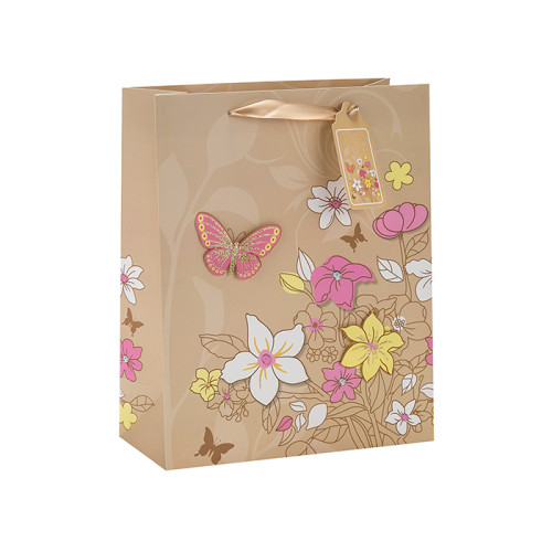 Qualitäts-Dekorations-Blumen-Muster-Brown-Kraft-Geschenk-Papiertüte mit 4 Entwürfen sortierte in der Tongle-Verpackung