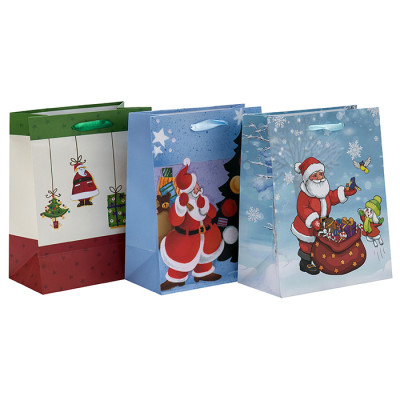 Мода Custom печати ремесла Рождественские Бумажные подарочные сумки с 3-мя дизайнами, ассорти в упаковке Tongle