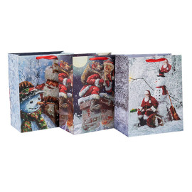 2018 Christmas Fancy Design Crafts Bolsa de papel impresa con diferentes tamaños con 3 diseños surtidos en embalaje de palanca