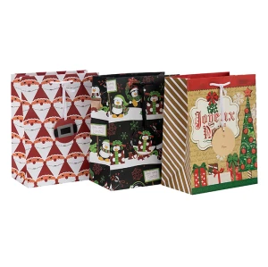 Bolsos al por mayor del regalo de la Feliz Navidad de la impresión en offset al por mayor con la etiqueta de papel en el embalaje de la palanca