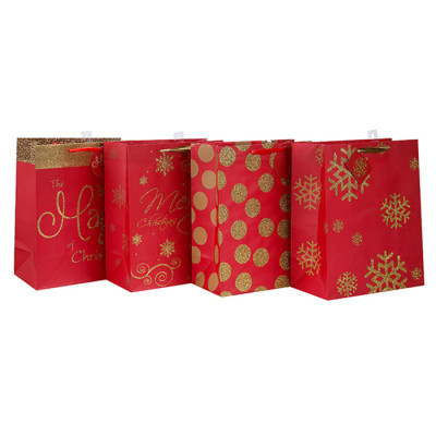 Sac de papier de haute qualité avec des poignées Sac de papier de cadeau de Noël avec différentes tailles avec 4 conceptions assorties dans l'emballage de Tongle
