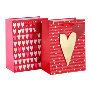 Estampado en caliente 3D corazón patrón de color rojo bolsas de papel de regalo con 2 diseños surtidos en Tongle Packing
