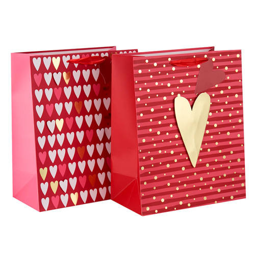 Heißprägen Happy Valentinstag 3D Herz Geschenk Taschen mit 2 Designs in Tongle Verpackung sortiert