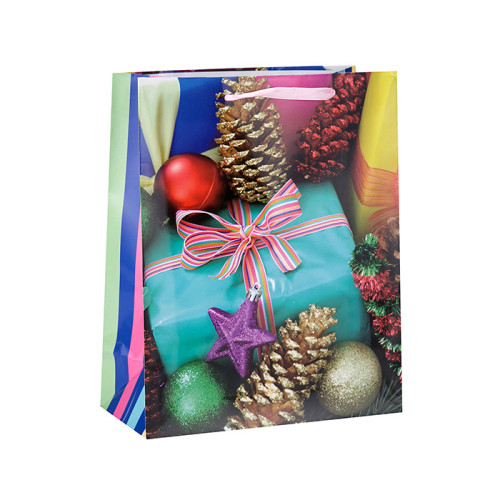 Cartón que empaqueta la bolsa de papel que hace compras de la Feliz Navidad en el embalaje de la llave