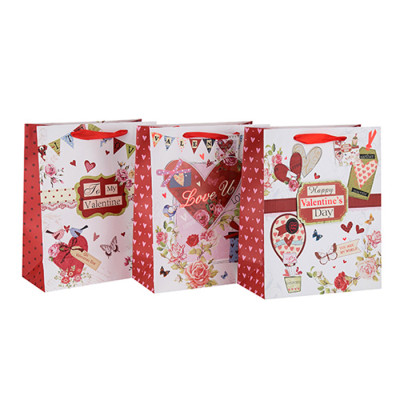 Bolsa de papel de regalo de San Valentín estilo corazón con logotipo personalizado con etiqueta colgante con diferentes tamaños con 3 diseños surtidos en embalaje de llave