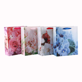 Hohe Qualität Blumen Verschiedene Größen Glitter Ribbon Griff Papier Geschenktüte mit 4 Designs Assorted in Tongle Verpackung