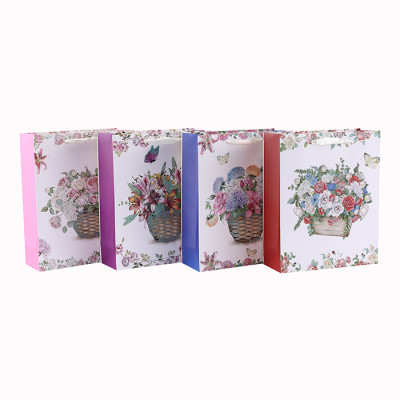 Белый картон Цветочный дизайн Лента Ручка Бумага Подарочная сумка с 4 дизайнами в ассортименте