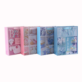 Bolsos de regalo personalizados de lujo rosa y azul bebé papel brillo con 4 diseños surtidos en embalaje de la llave