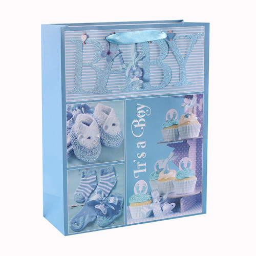 Kundenspezifische rosa und blaue LuxusGlitter-Baby-Papier-Geschenktaschen mit 4 Entwürfen sortierten in der Tongle Verpackung