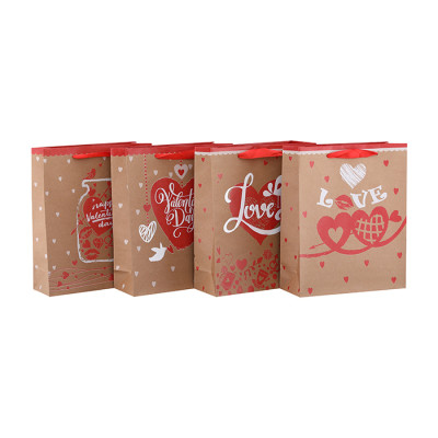 Sacs de cadeau de papier de nouvelle conception de haute qualité de conception de Saint-Valentin avec 4 conceptions assorties dans l'emballage de Tongle