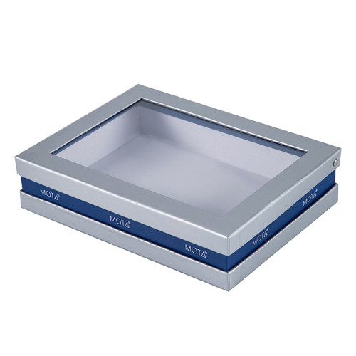 Custom Design Flip Flap Sliver Grey Board Paper Box with Clear PVC Window in TONGLE PACKING