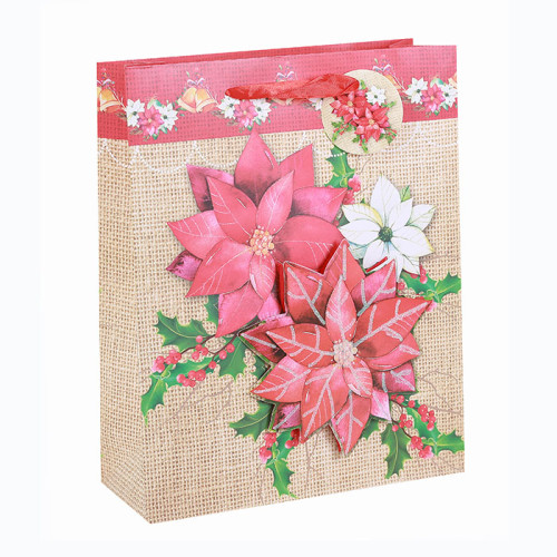 High Quality Best Sale Xmas Festival Gift Bag Merry Christmas Paper Bag With 3D And Glitter  In Tongle Packing